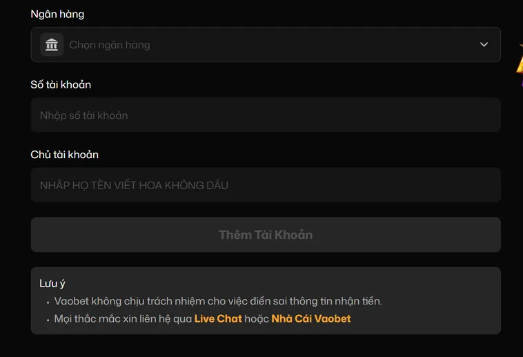 Rút tiền Vaobet qua tài khoản ngân hàng - tiền về chỉ sau 5 phút.